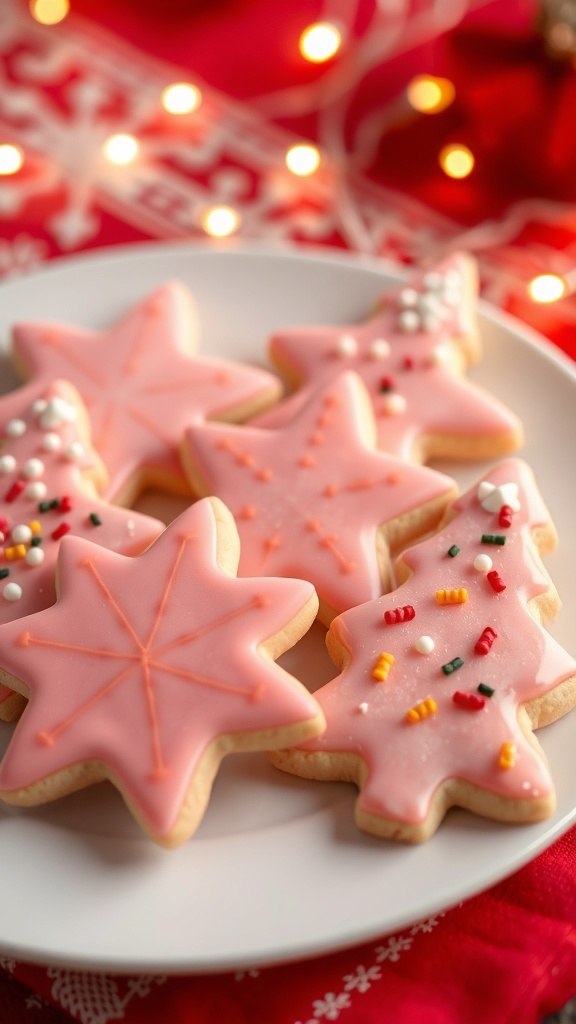 A festive plate of pink Christmas sugar cookies decorated with sprinkles on a red tablecloth.